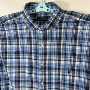 Ralph Lauren Shirt Mens XLT Tall Blue Button Up Cotton Blend Stretch Plaid Pony